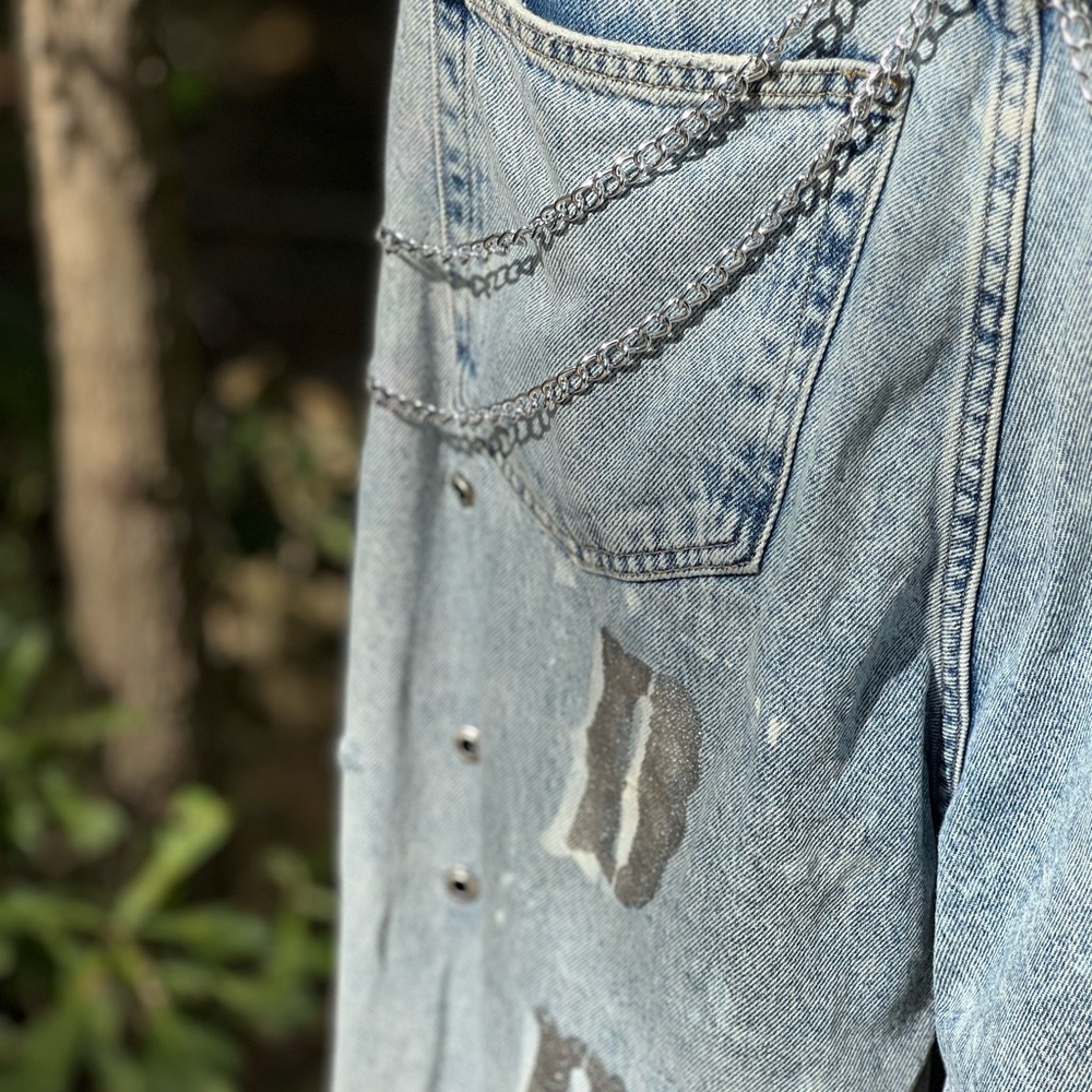 Chain-Embellished Blue Flare Jeans